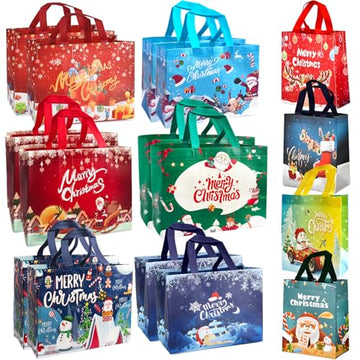 16PCS Christmas Gift Bags With Assorted Patterns. Reusable Non - Woven