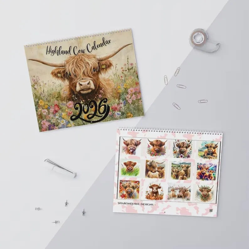 Highland Cow Calendar 2026 – Rustic Farmhouse Wall Art & Monthly Planner