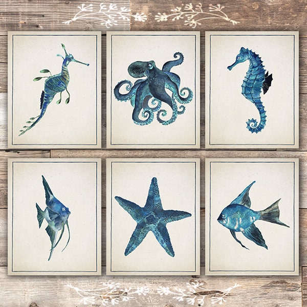 Vintage Ocean Creatures Art Prints (Set of 6) - 8x10s