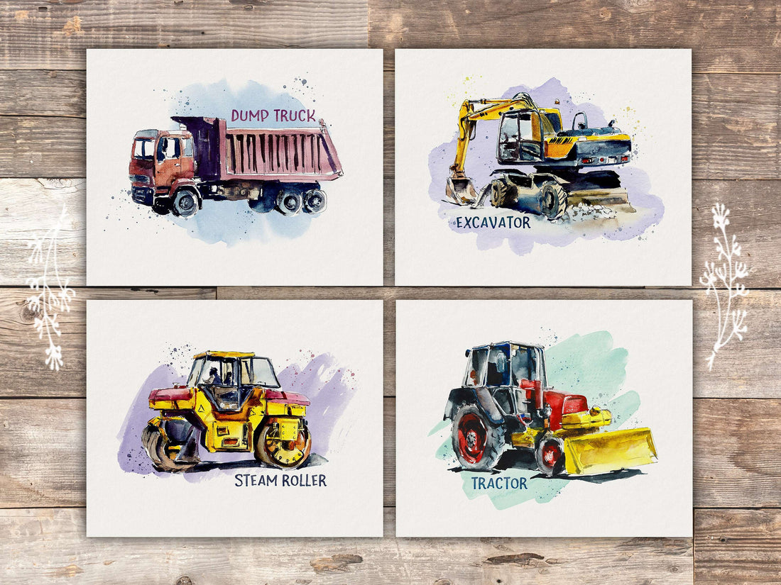 Boys Construction Trucks Set (Dump Truck, Excavator, Steam Roller, Tractor) Art Prints (Set of 4) - 8x10s