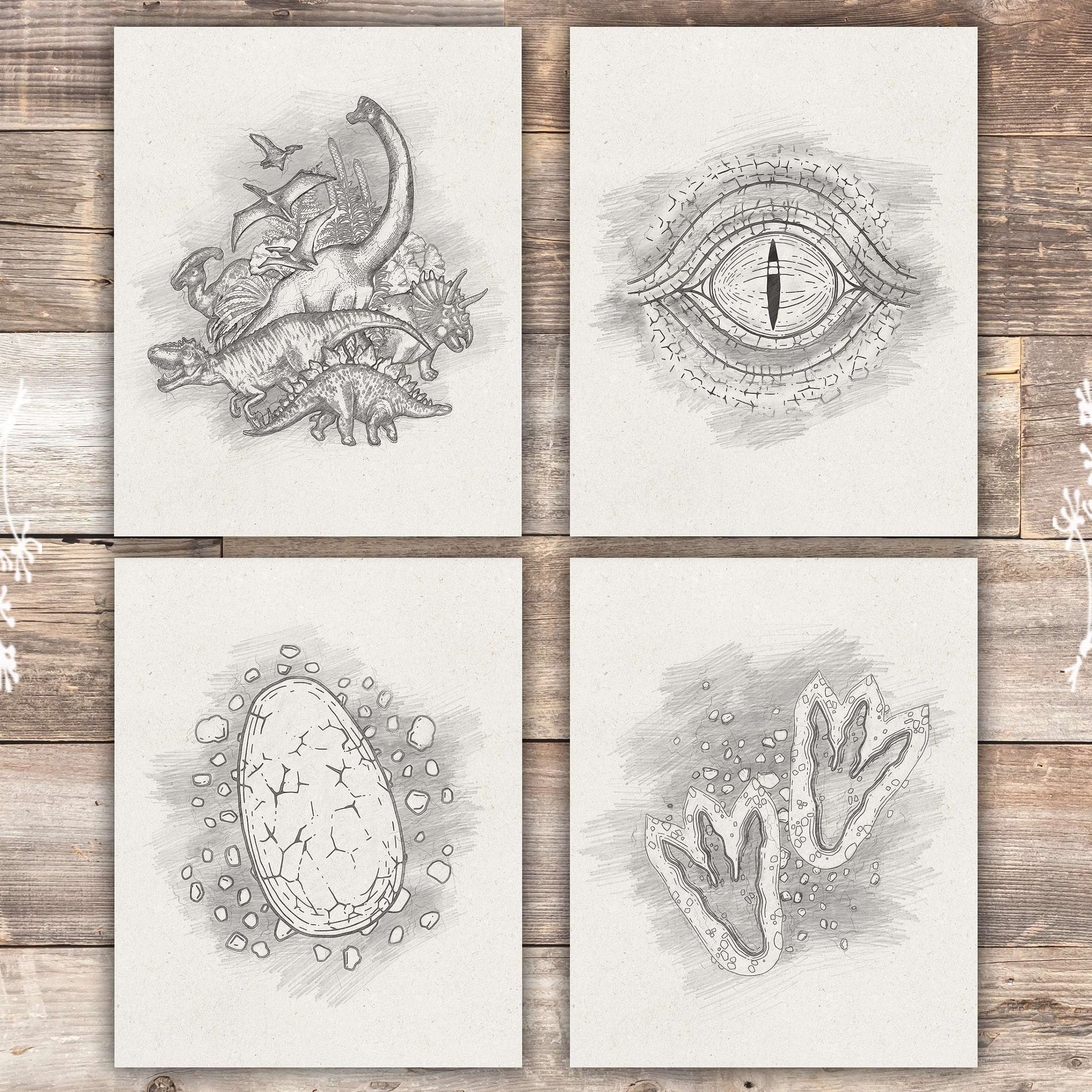 Dinosaurs, Footprints, Eye, Egg Wall Decor Art Prints (Set of 4) - 8x10s