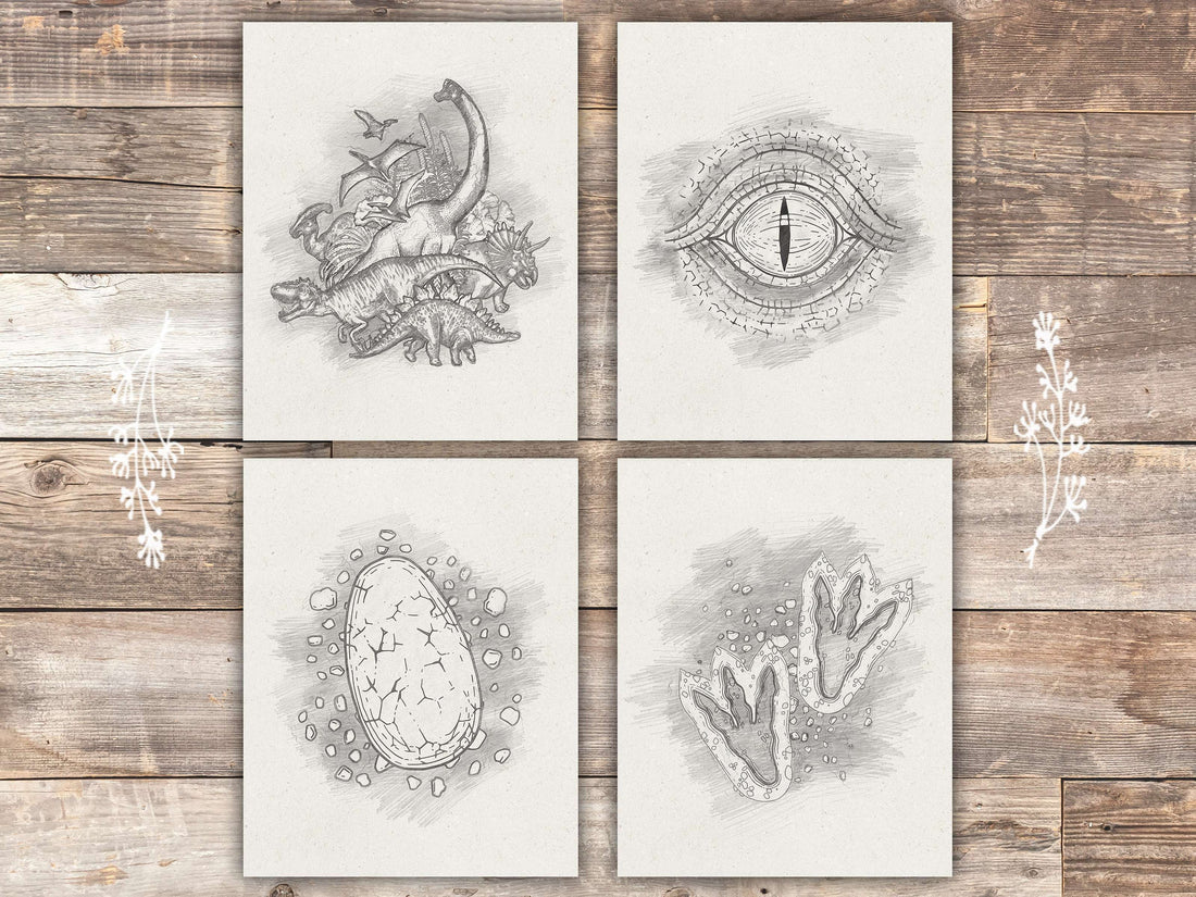 Dinosaurs, Footprints, Eye, Egg Wall Decor Art Prints (Set of 4) - 8x10s
