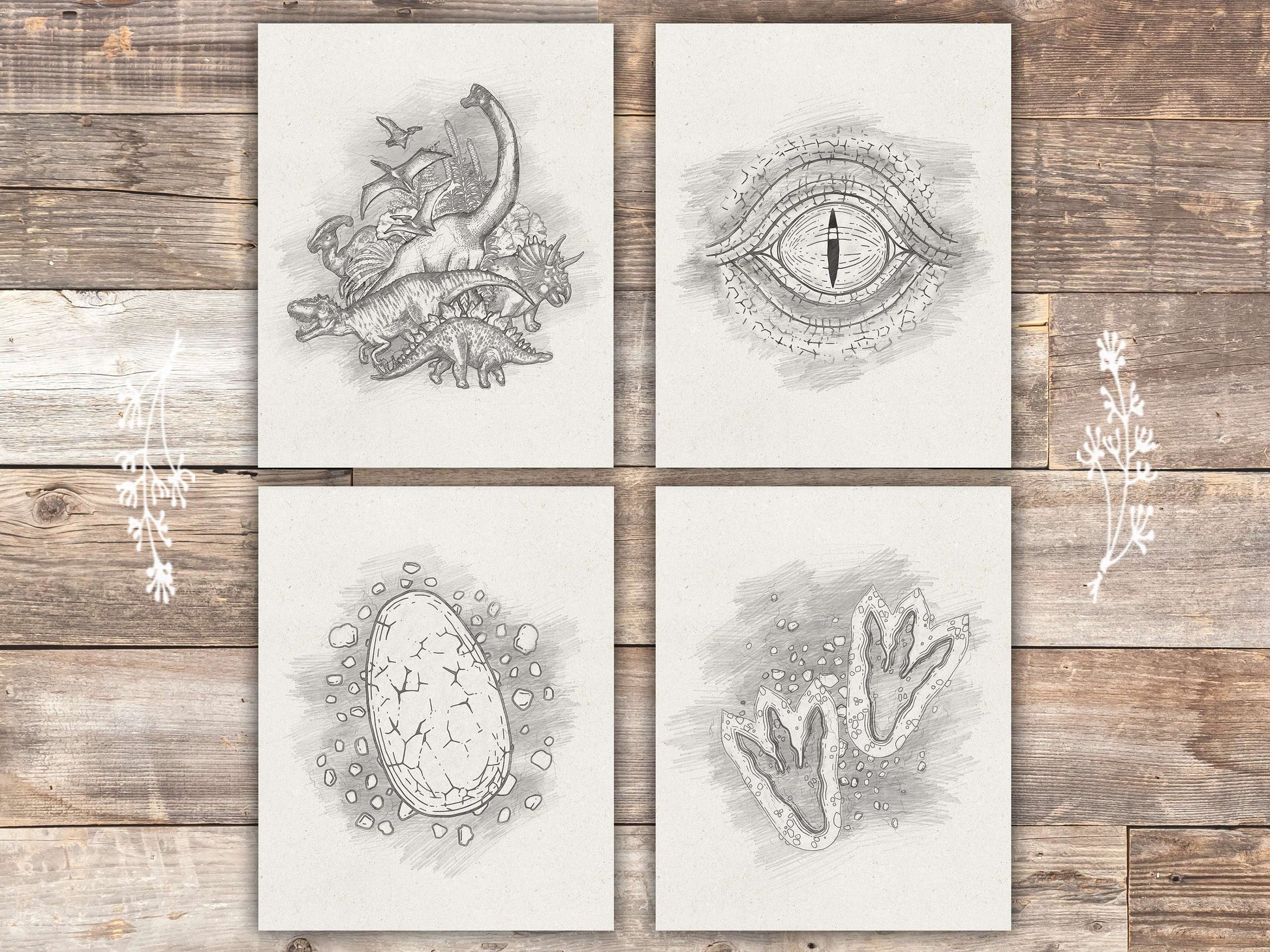 Dinosaurs, Footprints, Eye, Egg Wall Decor Art Prints (Set of 4) - 8x10s