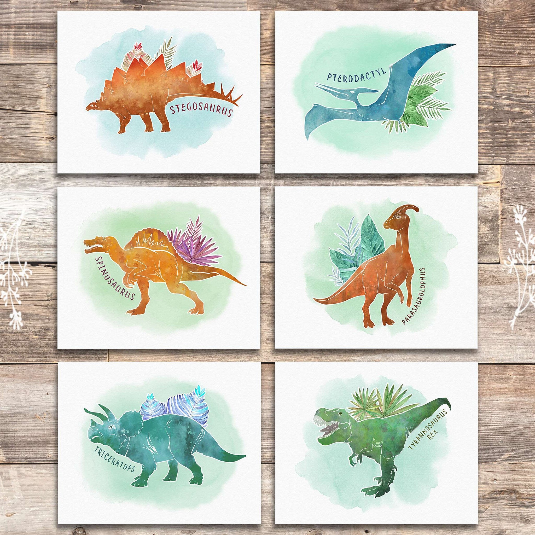 Dinosaur Art Prints (Set of 6) - 8x10s