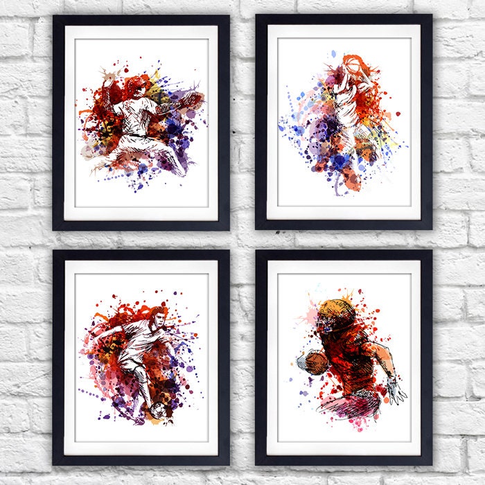 Boys Sports Room Decor Art Prints (Set of 4) - 8x10s | Baseball, Basketball, Football, Soccer