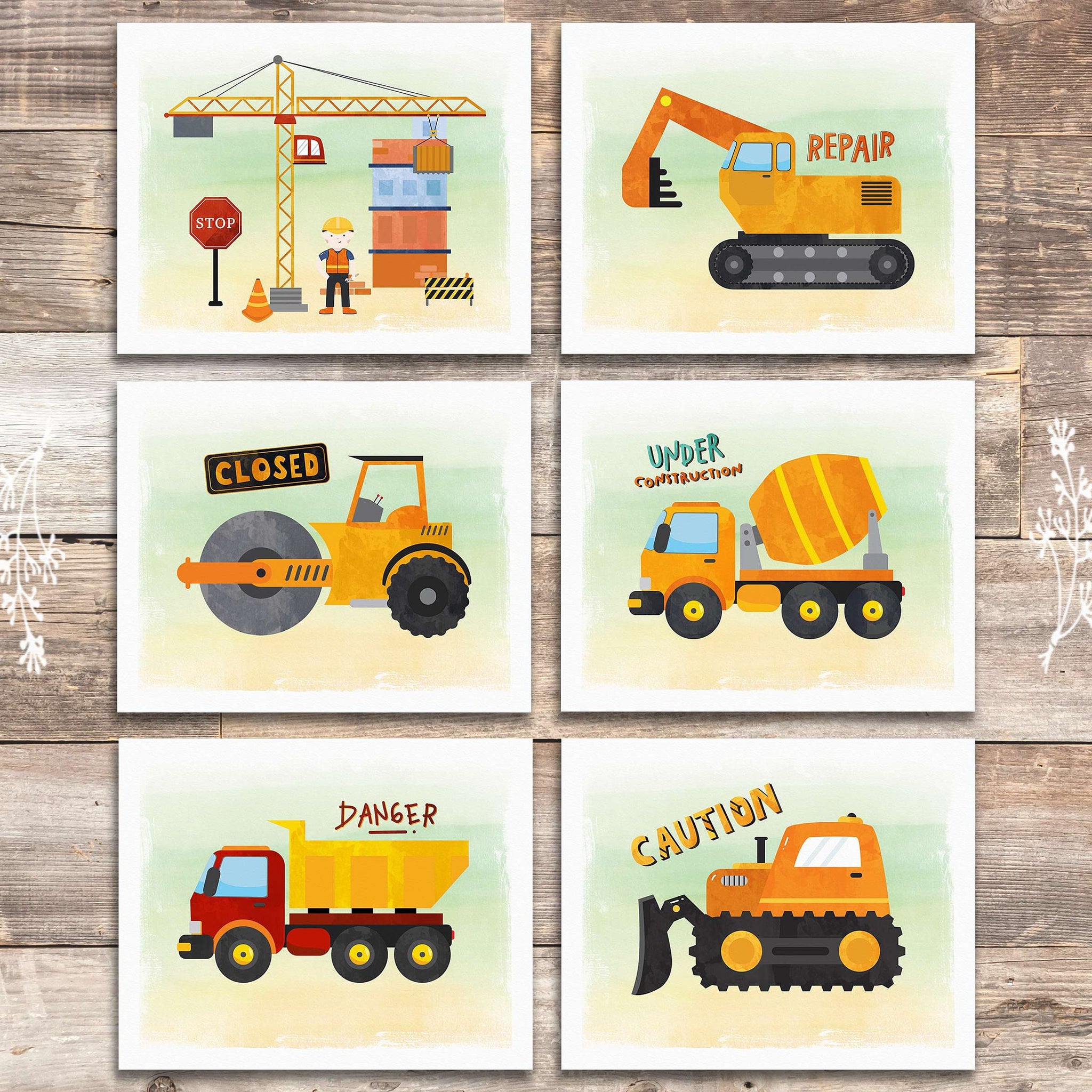 Boys Construction Trucks - Art Prints (Set of 6) - 8x10s