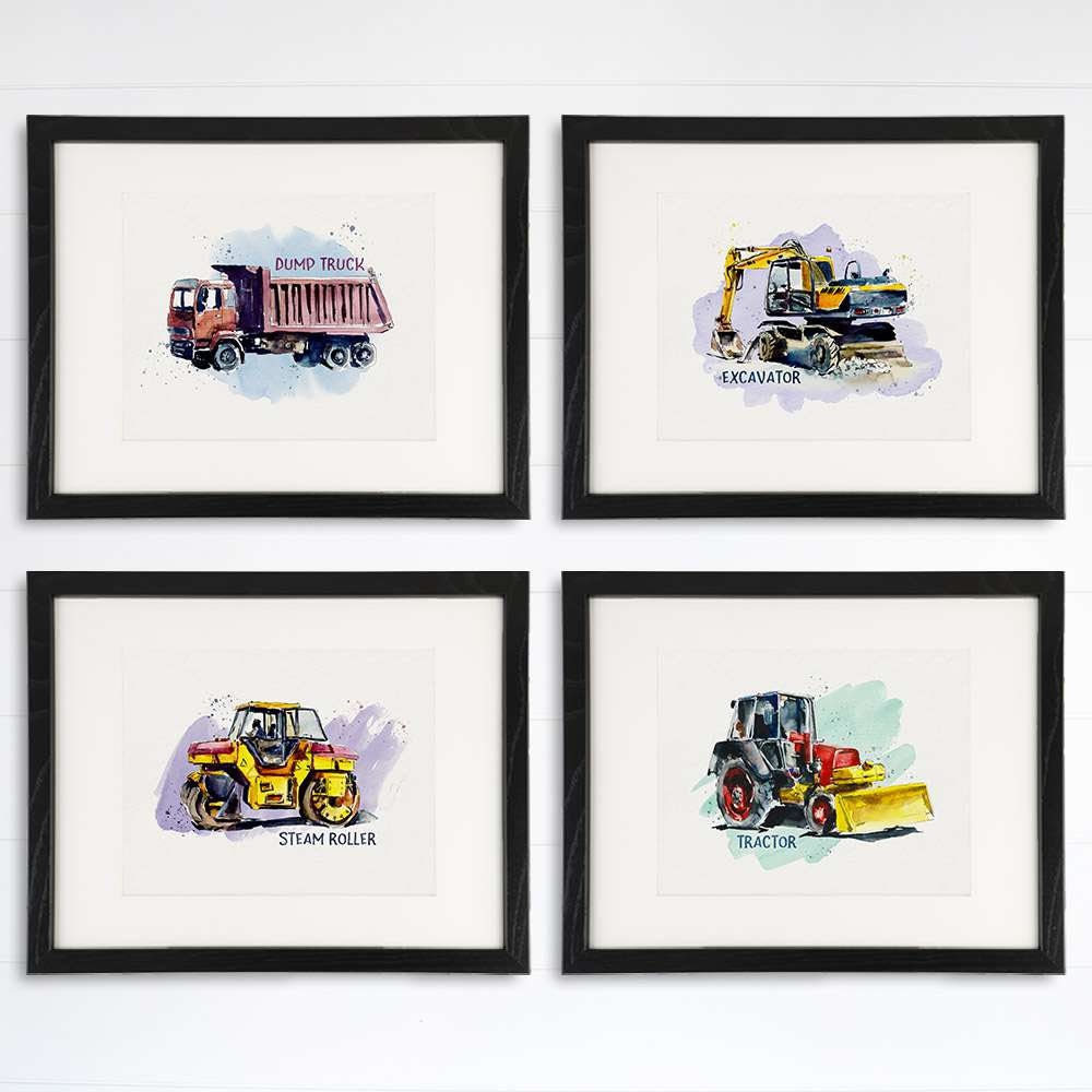 Boys Construction Trucks Set (Dump Truck, Excavator, Steam Roller, Tractor) Art Prints (Set of 4) - 8x10s
